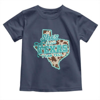 Retro Western She is From Texas I Can Tell Toddler T Shirt Trendy Turquoise Glitter Coquette and Cow Print Effect Graphic