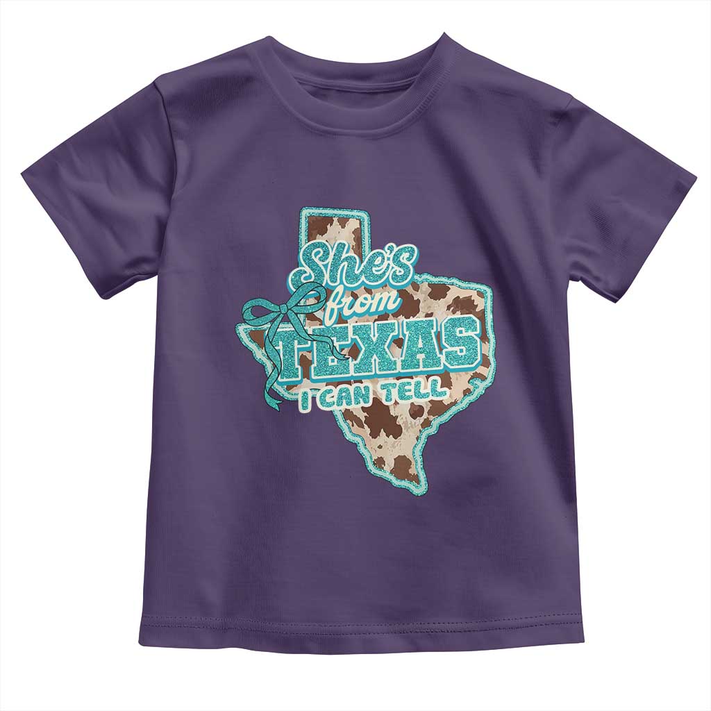 Retro Western She is From Texas I Can Tell Toddler T Shirt Trendy Turquoise Glitter Coquette and Cow Print Effect Graphic