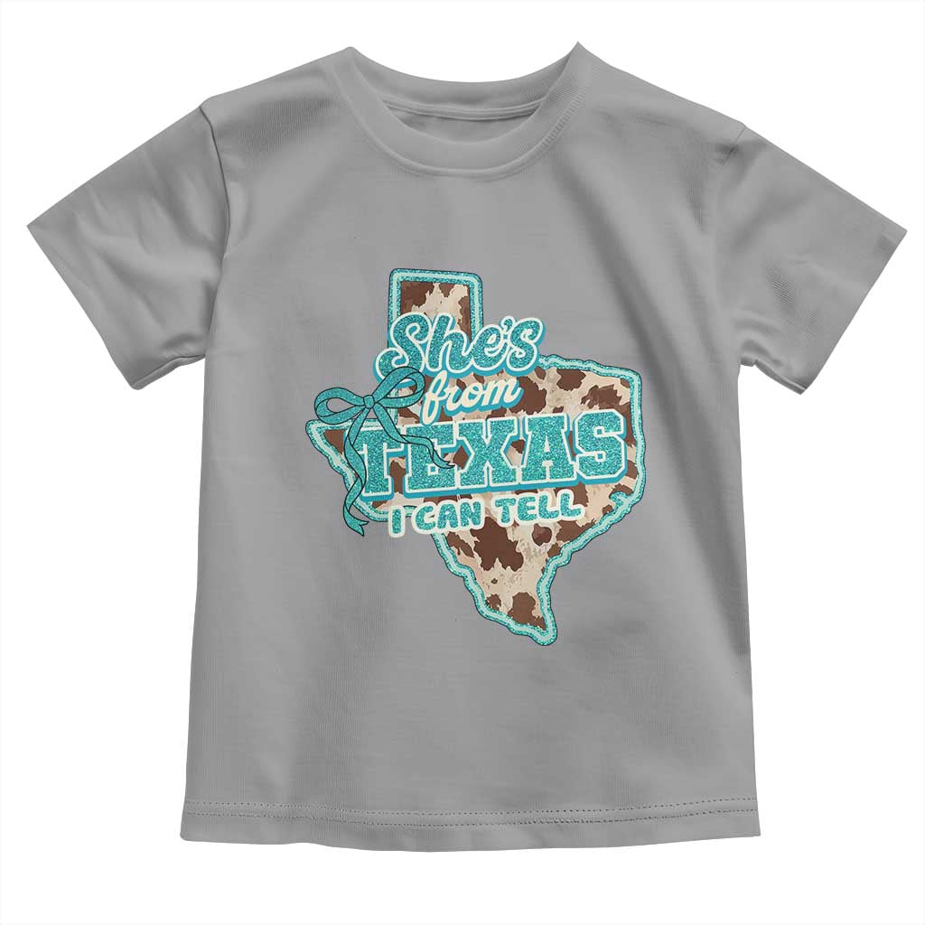 Retro Western She is From Texas I Can Tell Toddler T Shirt Trendy Turquoise Glitter Coquette and Cow Print Effect Graphic