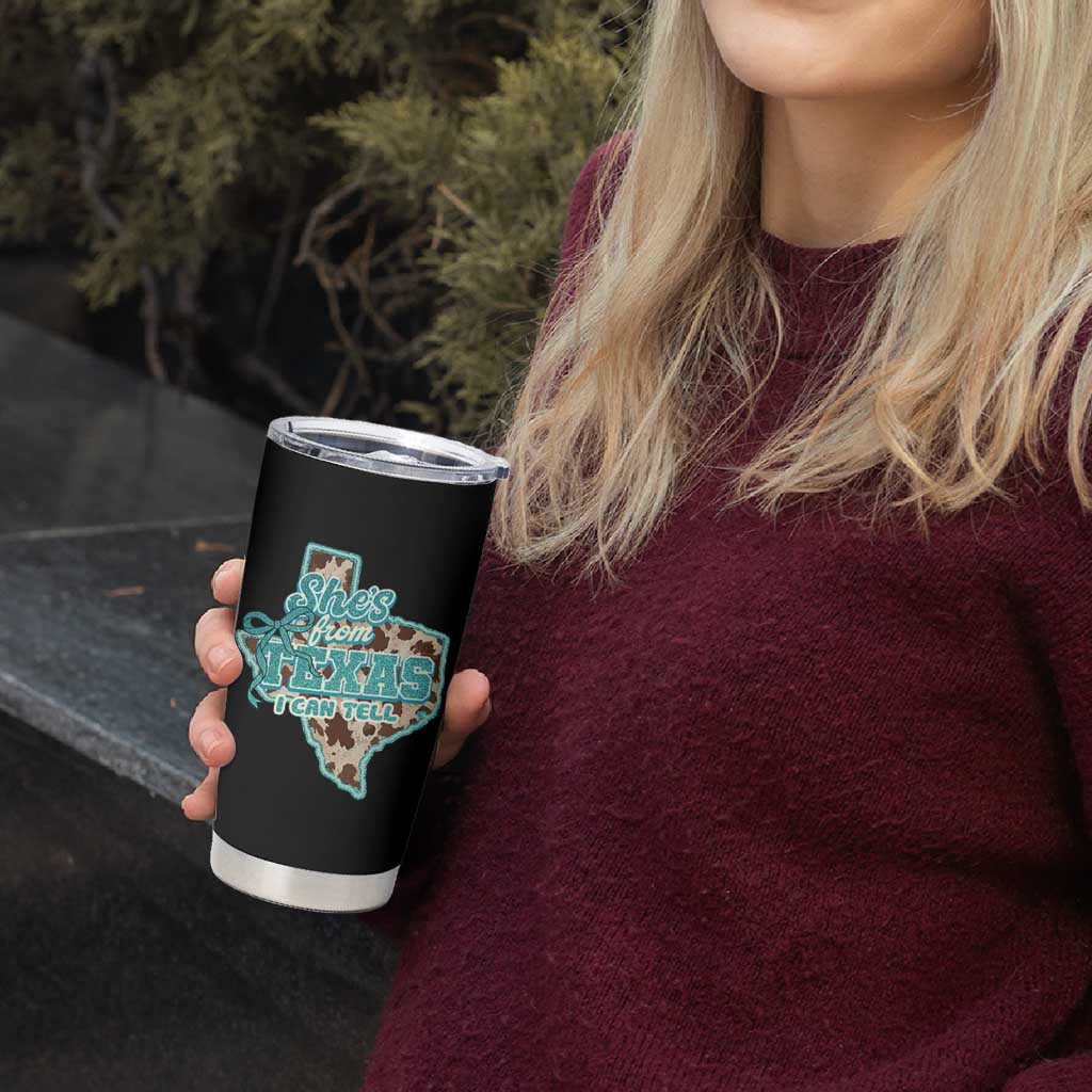 Retro Western She is From Texas I Can Tell Tumbler Cup Trendy Turquoise Glitter Coquette and Cow Print Effect Graphic