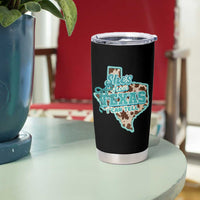 Retro Western She is From Texas I Can Tell Tumbler Cup Trendy Turquoise Glitter Coquette and Cow Print Effect Graphic