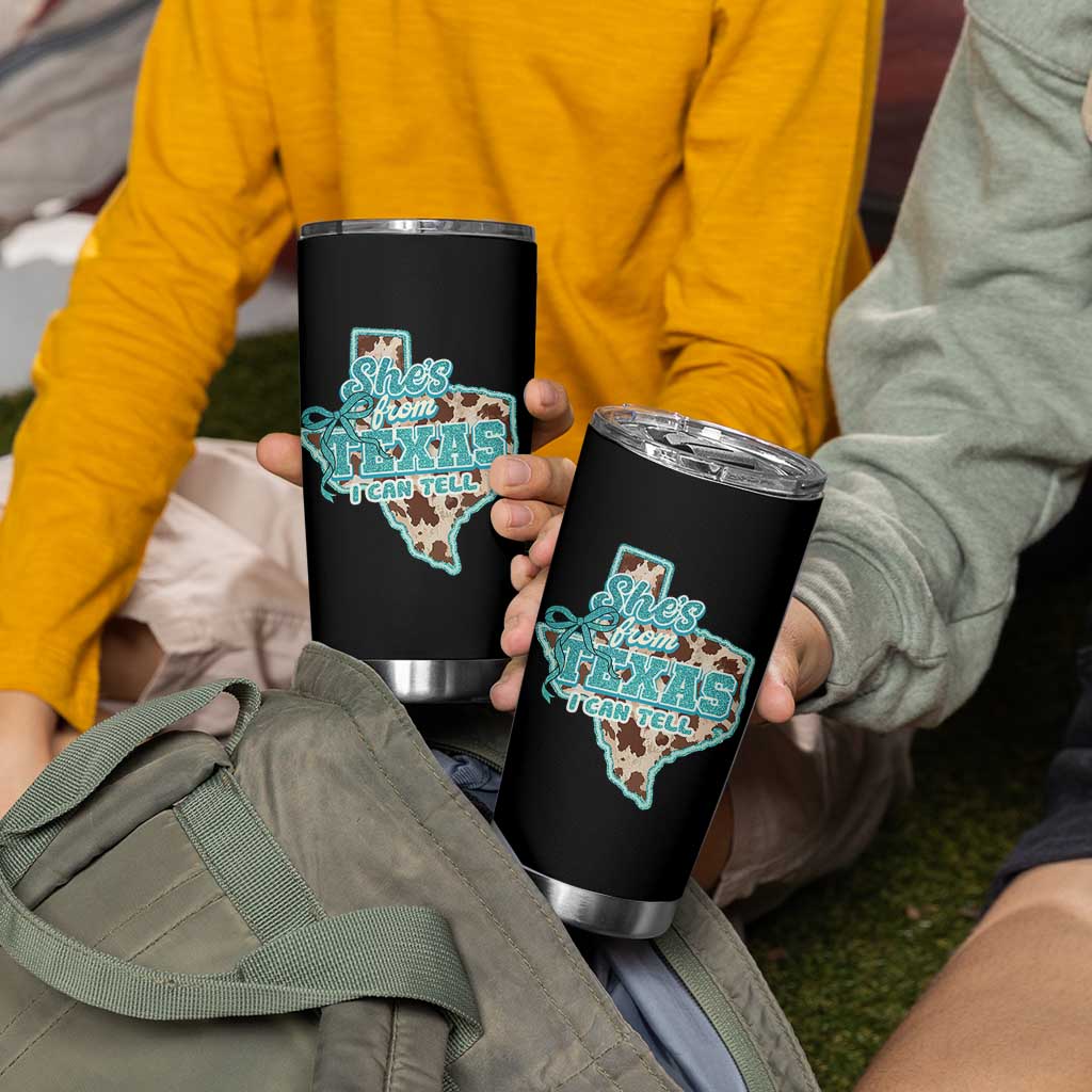 Retro Western She is From Texas I Can Tell Tumbler Cup Trendy Turquoise Glitter Coquette and Cow Print Effect Graphic