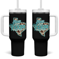 Retro Western She is From Texas I Can Tell Tumbler With Handle Trendy Turquoise Glitter Coquette and Cow Print Effect Graphic