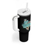 Retro Western She is From Texas I Can Tell Tumbler With Handle Trendy Turquoise Glitter Coquette and Cow Print Effect Graphic