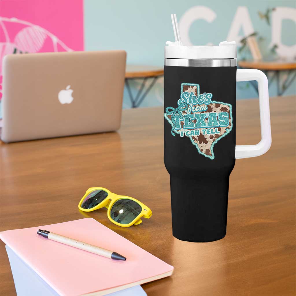 Retro Western She is From Texas I Can Tell Tumbler With Handle Trendy Turquoise Glitter Coquette and Cow Print Effect Graphic