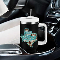 Retro Western She is From Texas I Can Tell Tumbler With Handle Trendy Turquoise Glitter Coquette and Cow Print Effect Graphic