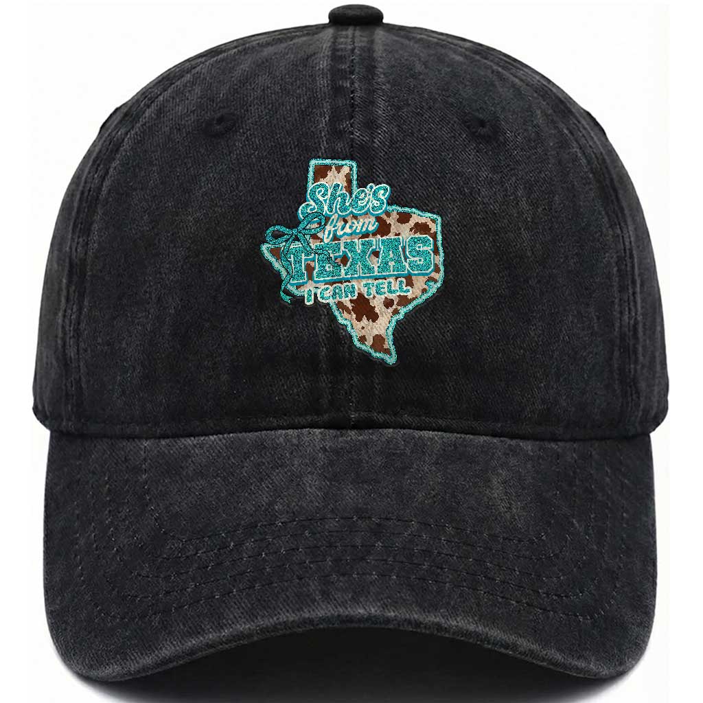 Retro Western She is From Texas I Can Tell Washed Cotton Baseball Cap Trendy Turquoise Glitter Coquette and Cow Print Effect Graphic
