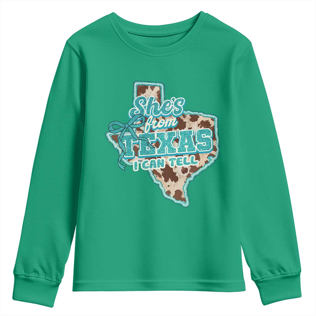 Retro Western She is From Texas I Can Tell Youth Sweatshirt Trendy Turquoise Glitter Coquette and Cow Print Effect Graphic