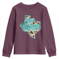 Retro Western She is From Texas I Can Tell Youth Sweatshirt Trendy Turquoise Glitter Coquette and Cow Print Effect Graphic