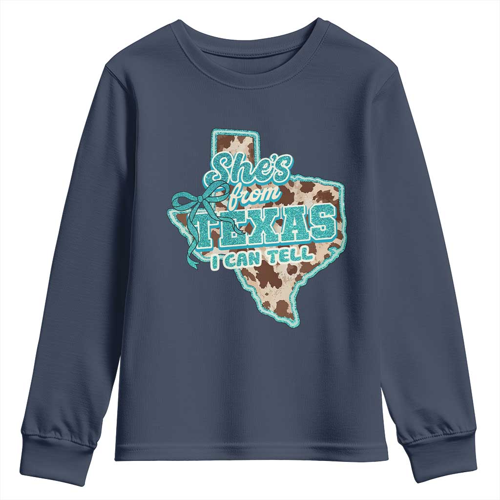Retro Western She is From Texas I Can Tell Youth Sweatshirt Trendy Turquoise Glitter Coquette and Cow Print Effect Graphic