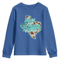 Retro Western She is From Texas I Can Tell Youth Sweatshirt Trendy Turquoise Glitter Coquette and Cow Print Effect Graphic
