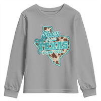 Retro Western She is From Texas I Can Tell Youth Sweatshirt Trendy Turquoise Glitter Coquette and Cow Print Effect Graphic