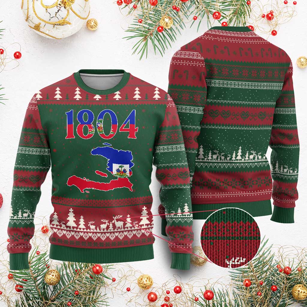 1804 Haiti Map and Flag Ugly Christmas Sweater Haitian Heritage Pride Graphic
