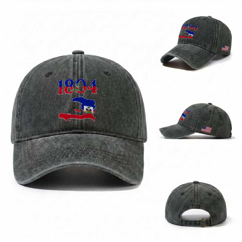1804 Haiti Map and Flag Washed Cotton Baseball Cap Haitian Heritage Pride Graphic