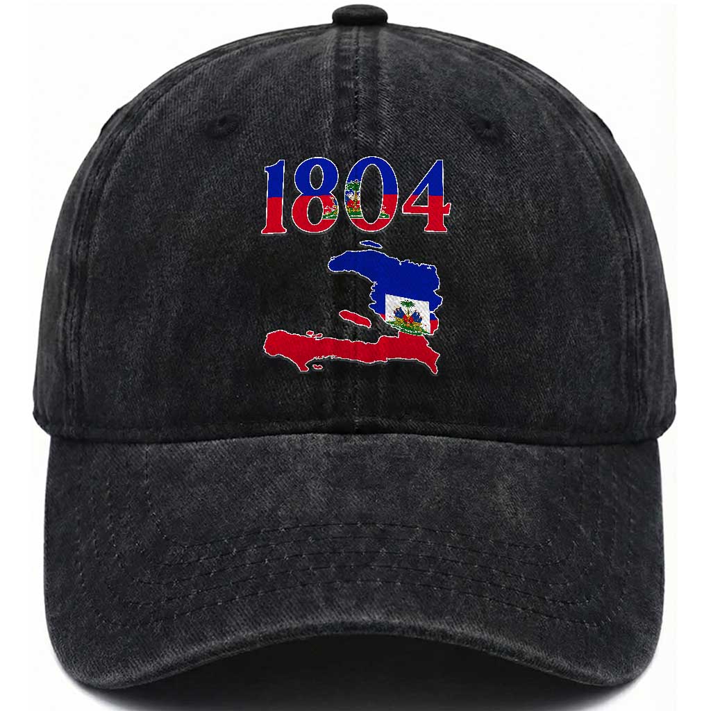 1804 Haiti Map and Flag Washed Cotton Baseball Cap Haitian Heritage Pride Graphic