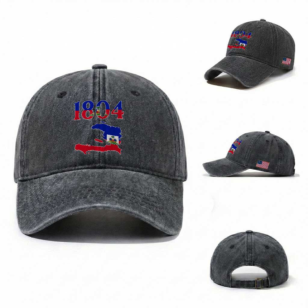 1804 Haiti Map and Flag Washed Cotton Baseball Cap Haitian Heritage Pride Graphic