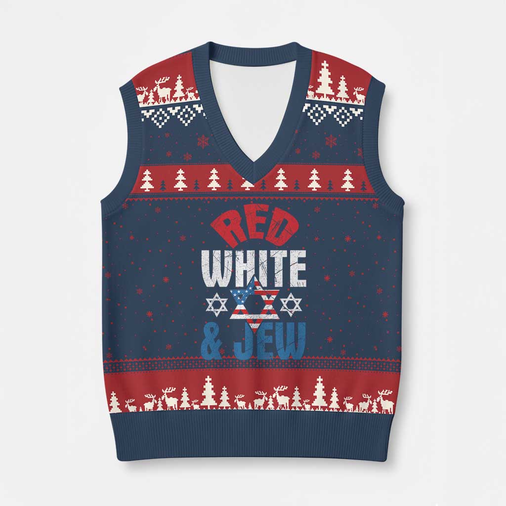 Red White and Jew V-Neck Knit Sweater Vest Funny Jewish Patriotic 4th of July Star Of David - Wonder Print Shop