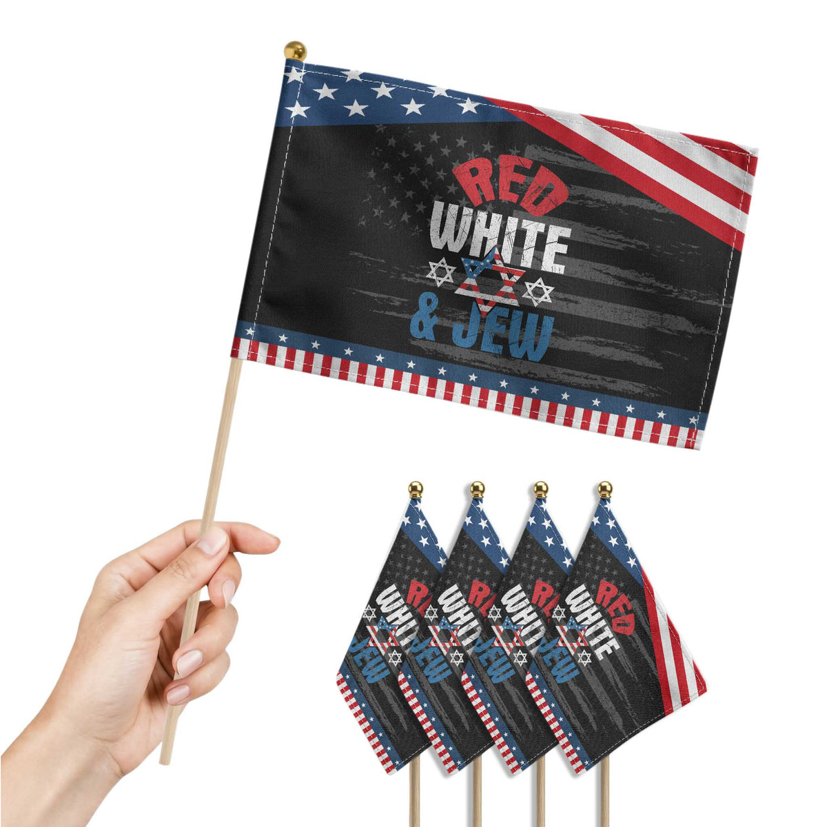 Red White and Jew Patriotic Handheld Flag Funny Jewish Patriotic 4th of July Star Of David