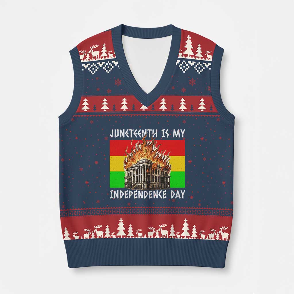 Juneteenth Is My Independence Day V-Neck Knit Sweater Vest Bold Afro Liberation Pan-African Flag - Wonder Print Shop
