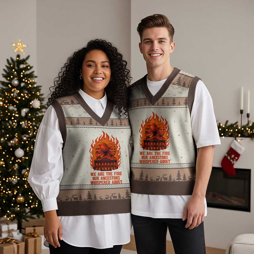 Harriet Tubman and Frederick Douglass V-Neck Knit Sweater Vest We Are the Fire Our Ancestors Whispered About Juneteenth 1865 - Wonder Print Shop