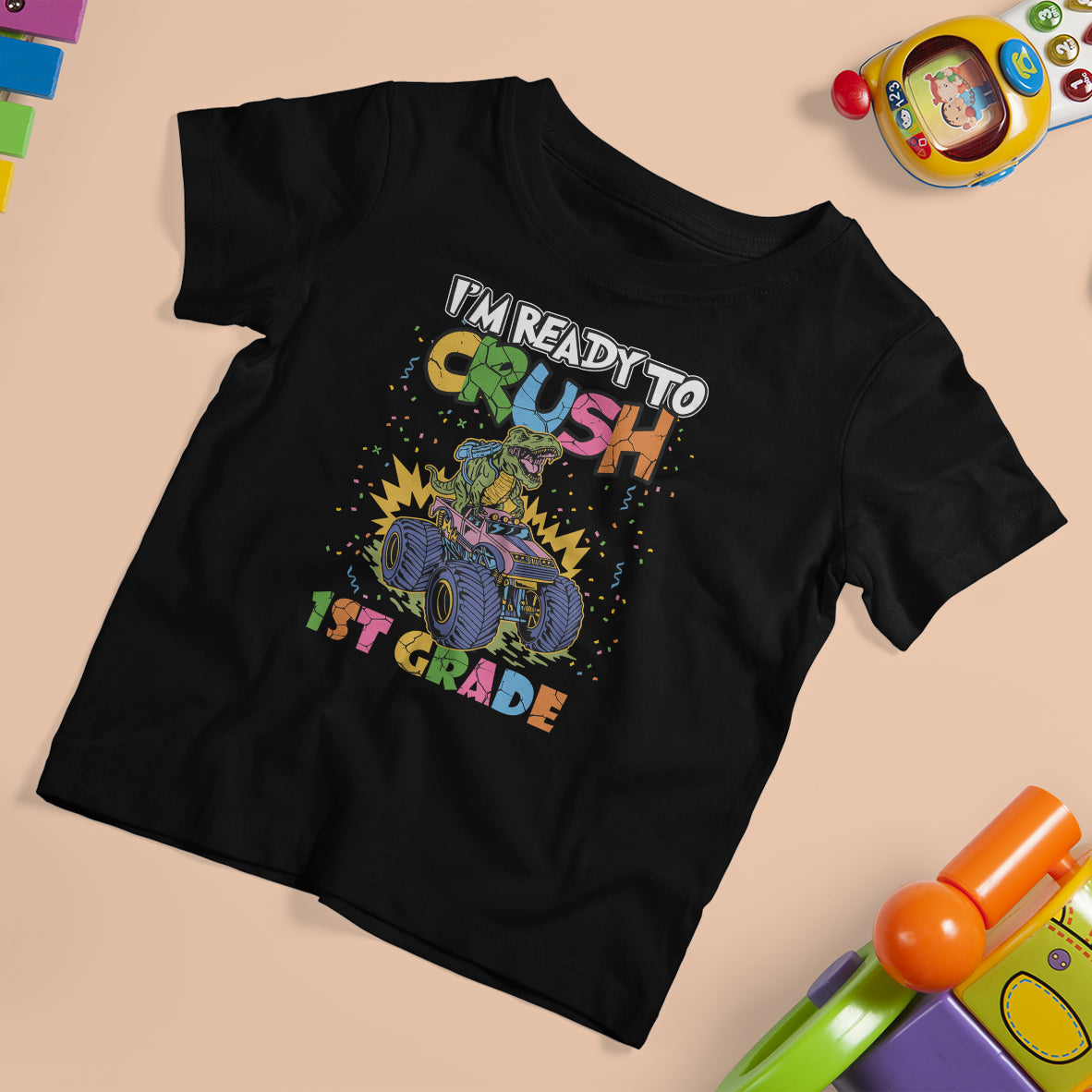 1st Grade T Shirt For Kid I'm Ready To Crush First Grade Boys Monster Truck Dinosaur - Wonder Print Shop