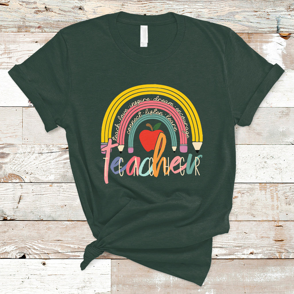 Teacher T Shirt Teacher Teach Love Inspire Rainbow Pencil Back To School - Wonder Print Shop