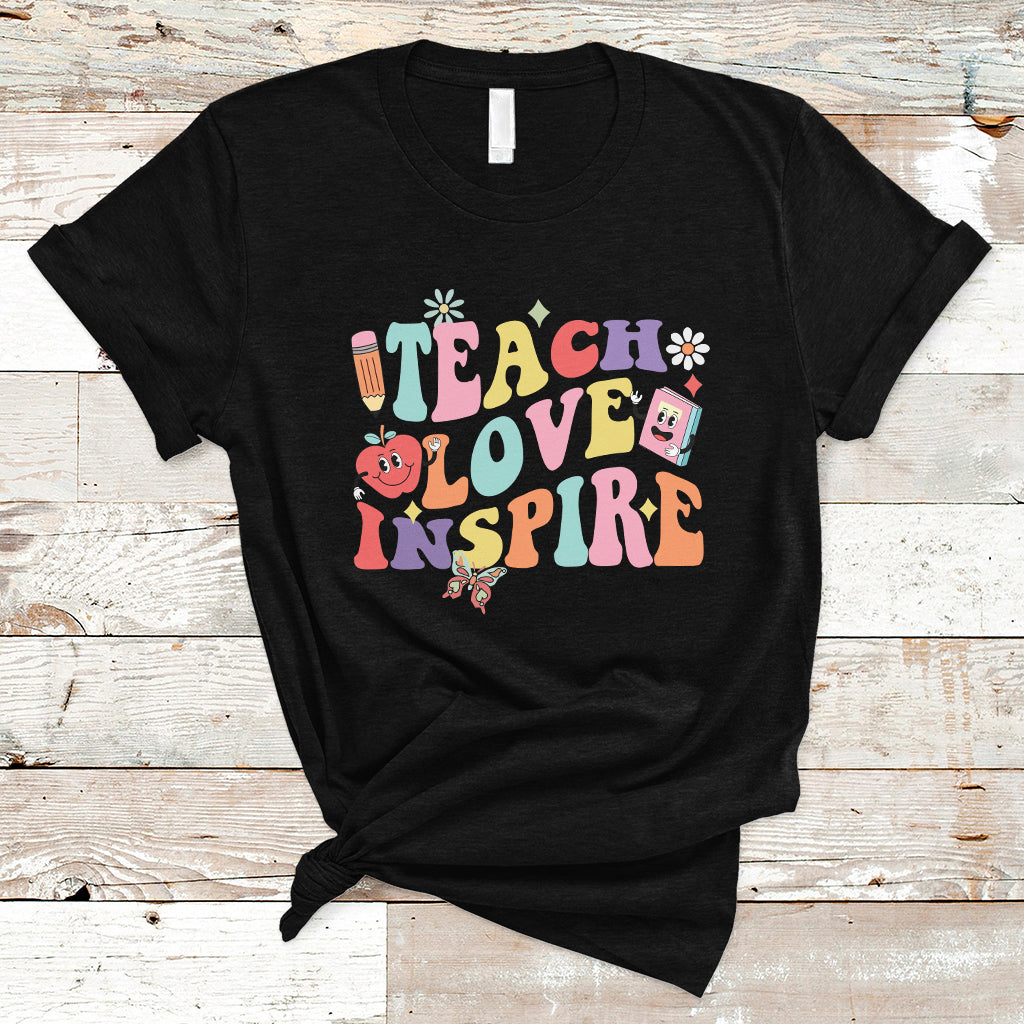 Teacher T Shirt Back To School Teach Love Inspire Retro Teachers Groovy - Wonder Print Shop