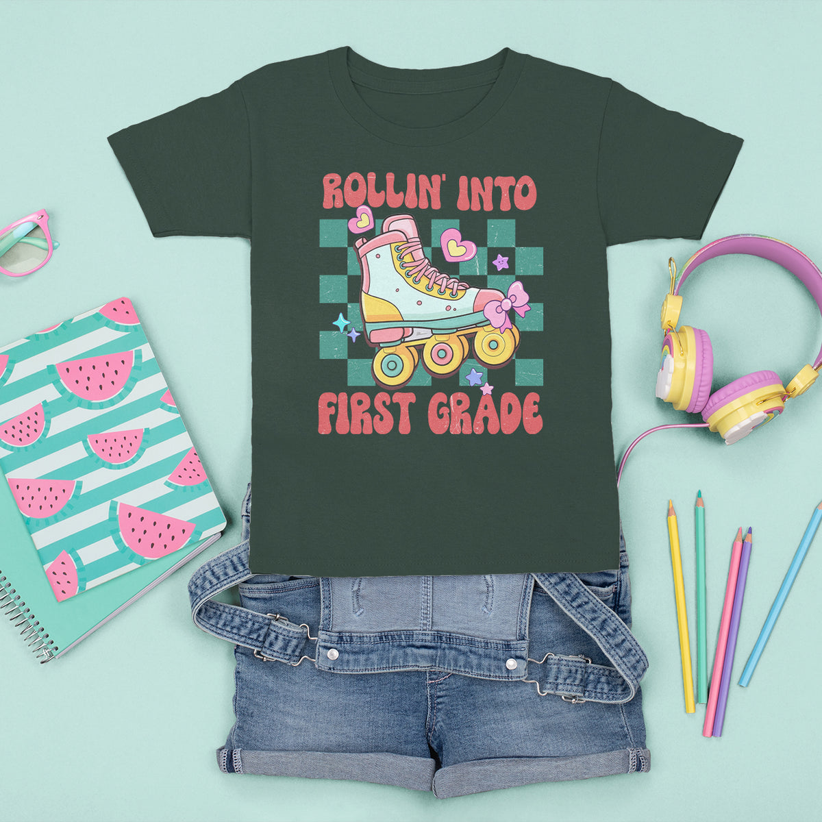 1st Grade T Shirt For Kid Rolling Into First Grade Roller Skate Back To School Girls - Wonder Print Shop
