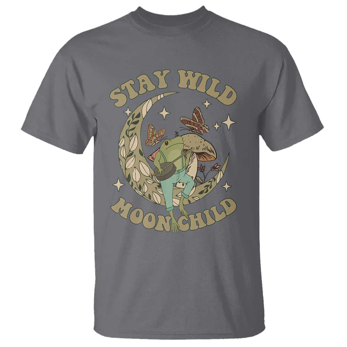 Cottagecore Aesthetic Frog T Shirt Stay Wild Moon Child Playing Banjo On Mushroom With Butterflies - Wonder Print Shop