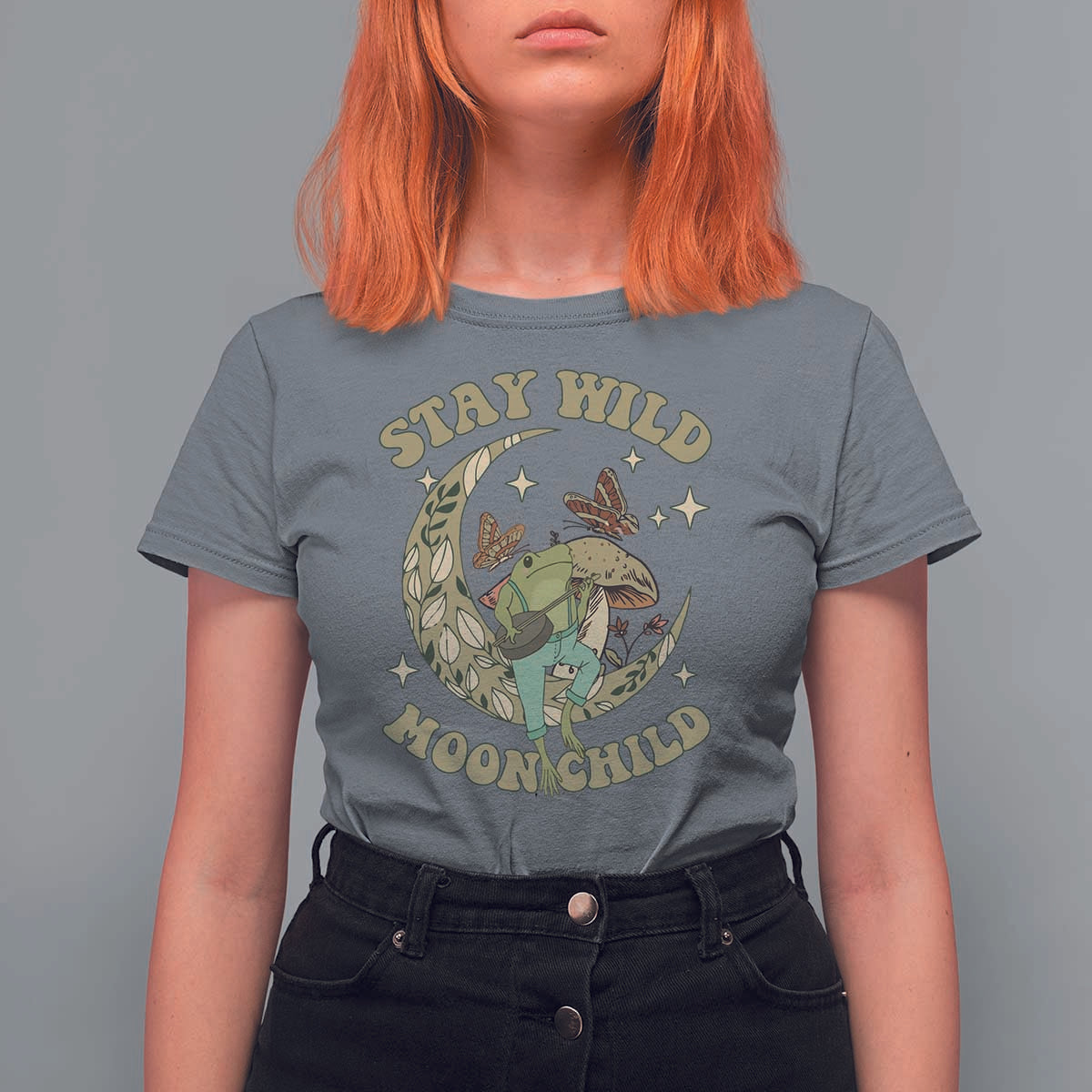 Cottagecore Aesthetic Frog T Shirt For Women Stay Wild Moon Child Playing Banjo On Mushroom With Butterflies - Wonder Print Shop