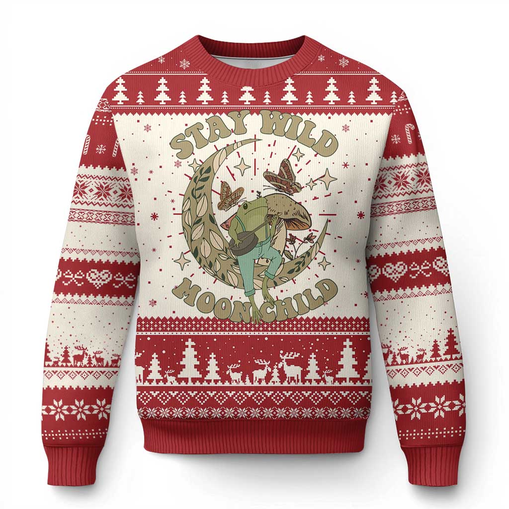 Cottagecore Aesthetic Frog Ugly Christmas Sweater Stay Wild Moon Child Playing Banjo On Mushroom With Butterflies - Wonder Print Shop