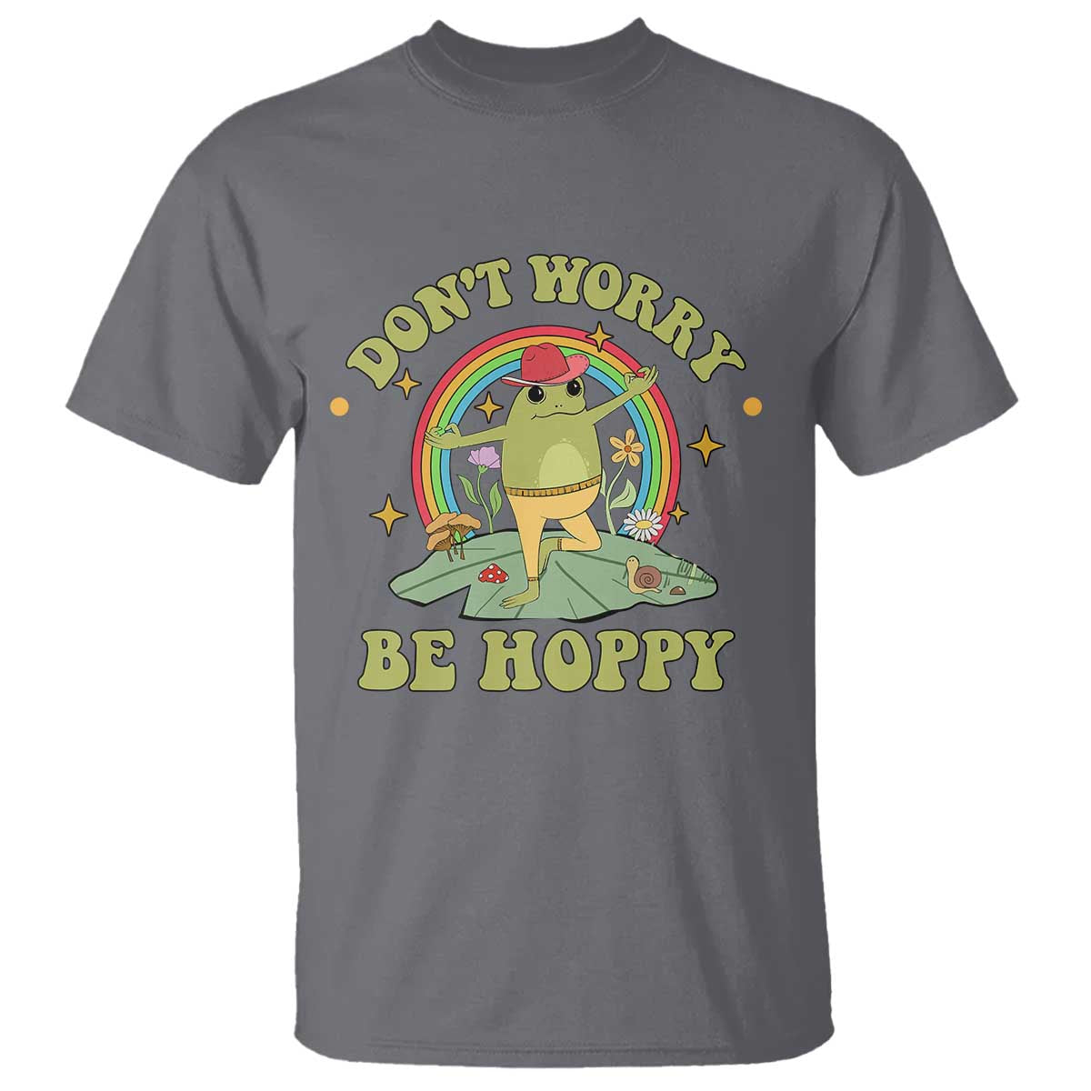 Cottagecore Aesthetic Frog T Shirt Don't Worry Be Hoppy Meditating - Wonder Print Shop