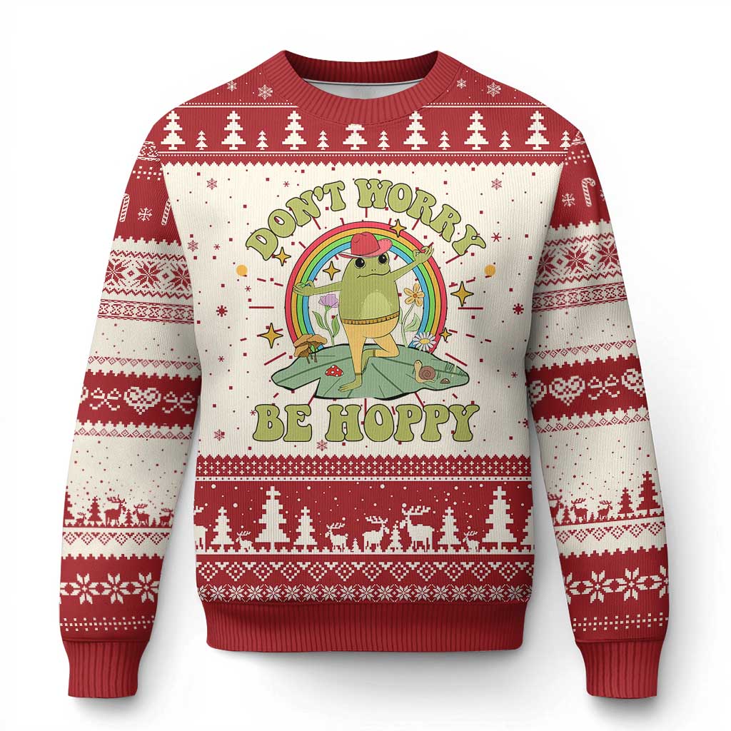 Cottagecore Aesthetic Frog Ugly Christmas Sweater Don't Worry Be Hoppy Meditating - Wonder Print Shop