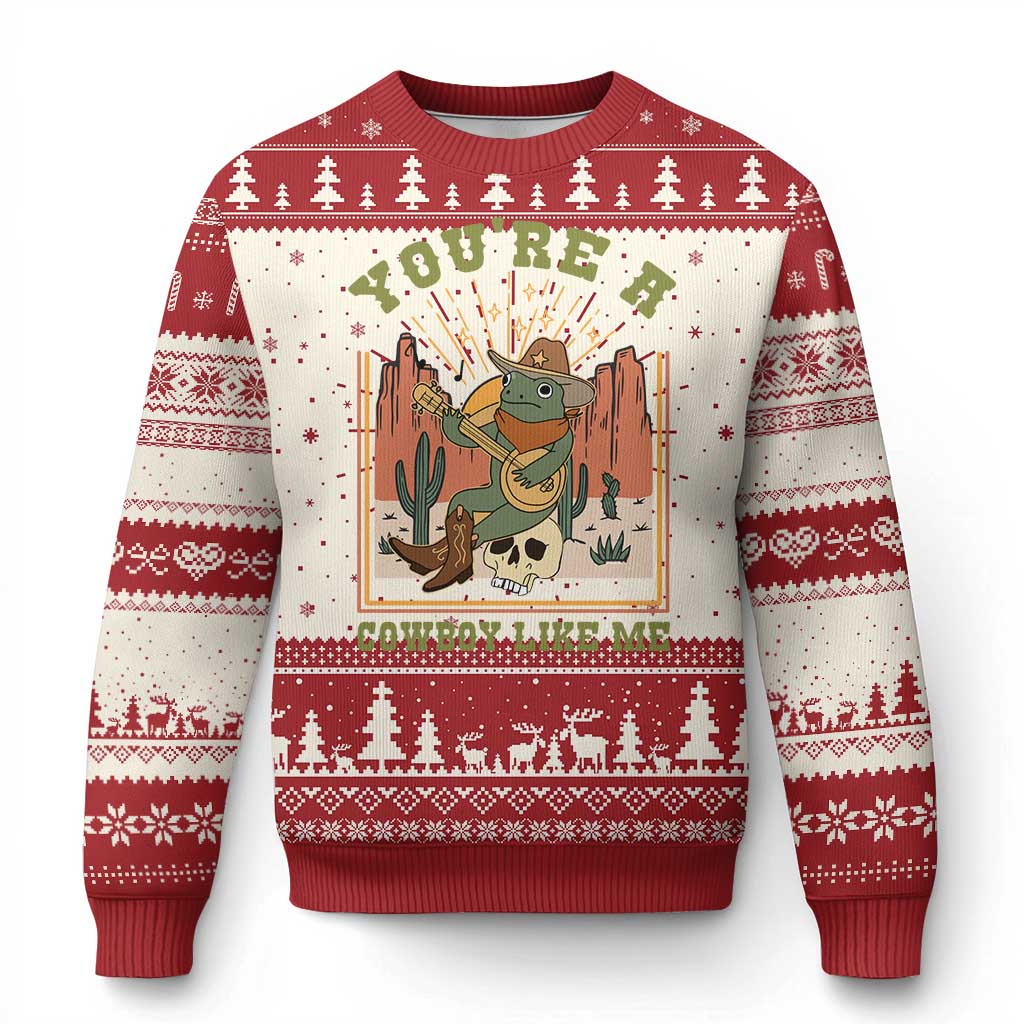 Cottagecore Aesthetic Frog Ugly Christmas Sweater You're A Cowboy Like Me Playing Banjo Western Style - Wonder Print Shop
