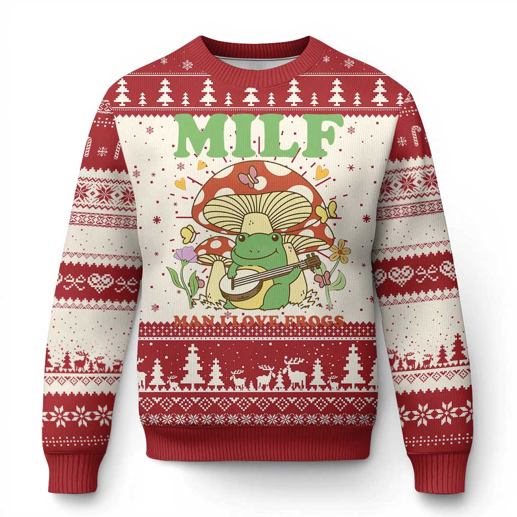 Cottagecore Aesthetic Frog Ugly Christmas Sweater Funny MILF Man I Love Frogs Playing Banjo - Wonder Print Shop
