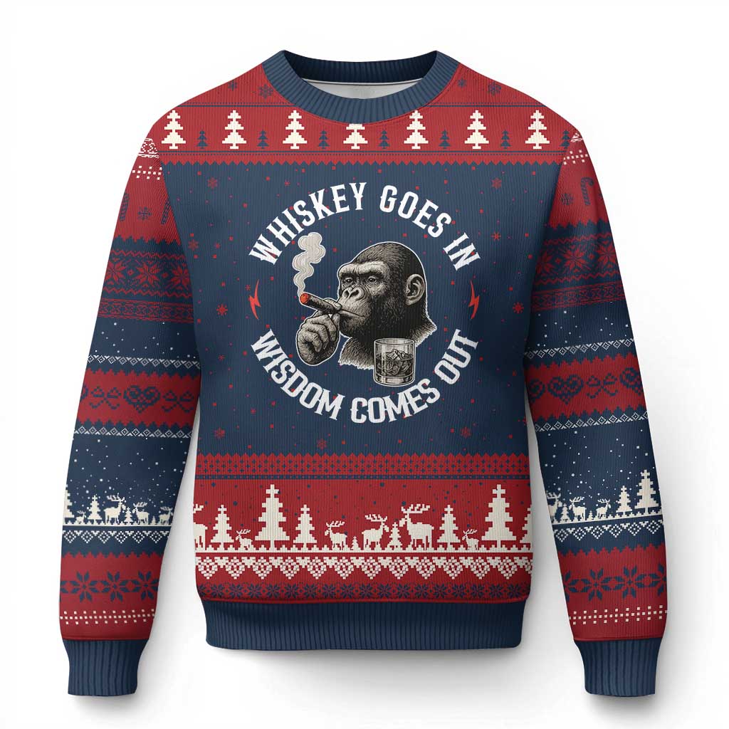 Funny Gorilla Whiskey Goes In Wisdom Comes Out Ugly Christmas Sweater Cigarette and Drinking Addict Humor