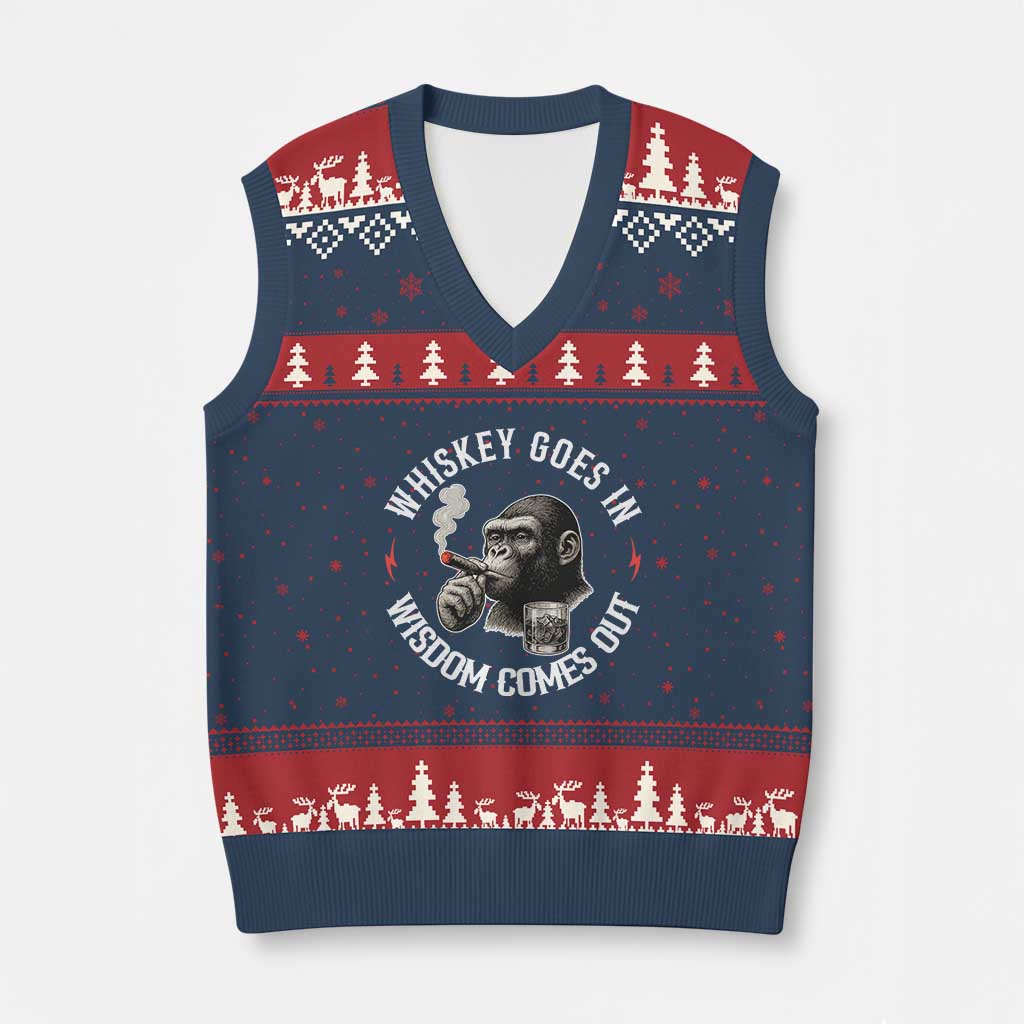 Funny Gorilla Whiskey Goes In Wisdom Comes Out V-Neck Knit Sweater Vest Cigarette and Drinking Addict Humor