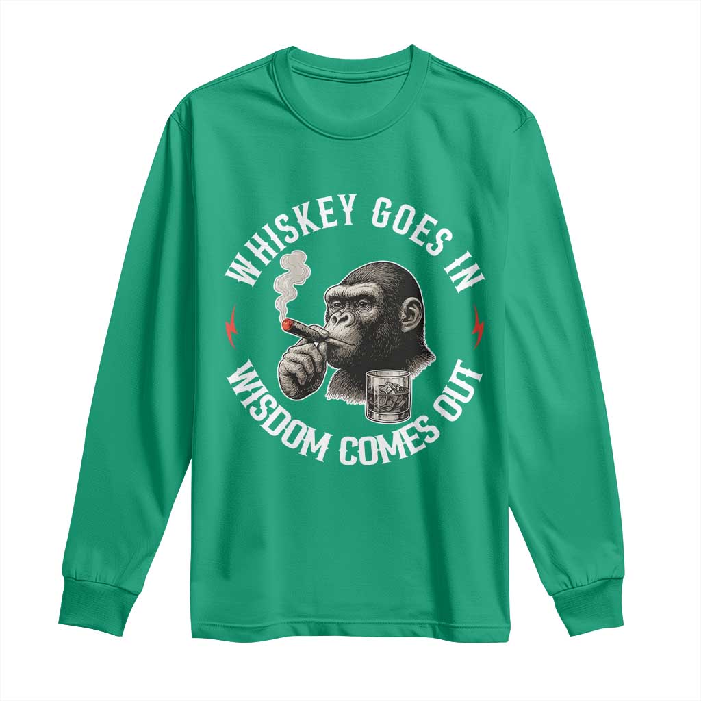 Funny Gorilla Whiskey Goes In Wisdom Comes Out Long Sleeve Shirt Cigarette and Drinking Addict Humor