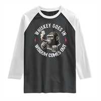 Funny Gorilla Whiskey Goes In Wisdom Comes Out Raglan Shirt Cigarette and Drinking Addict Humor
