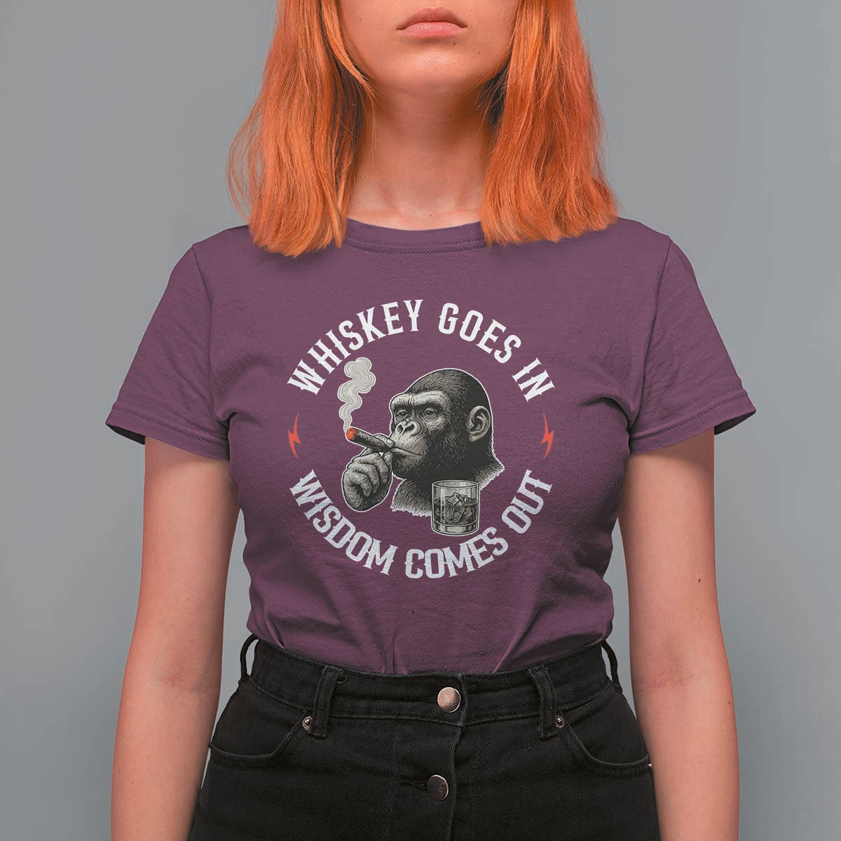 Funny Gorilla Whiskey Goes In Wisdom Comes Out T Shirt For Women Cigarette and Drinking Addict Humor