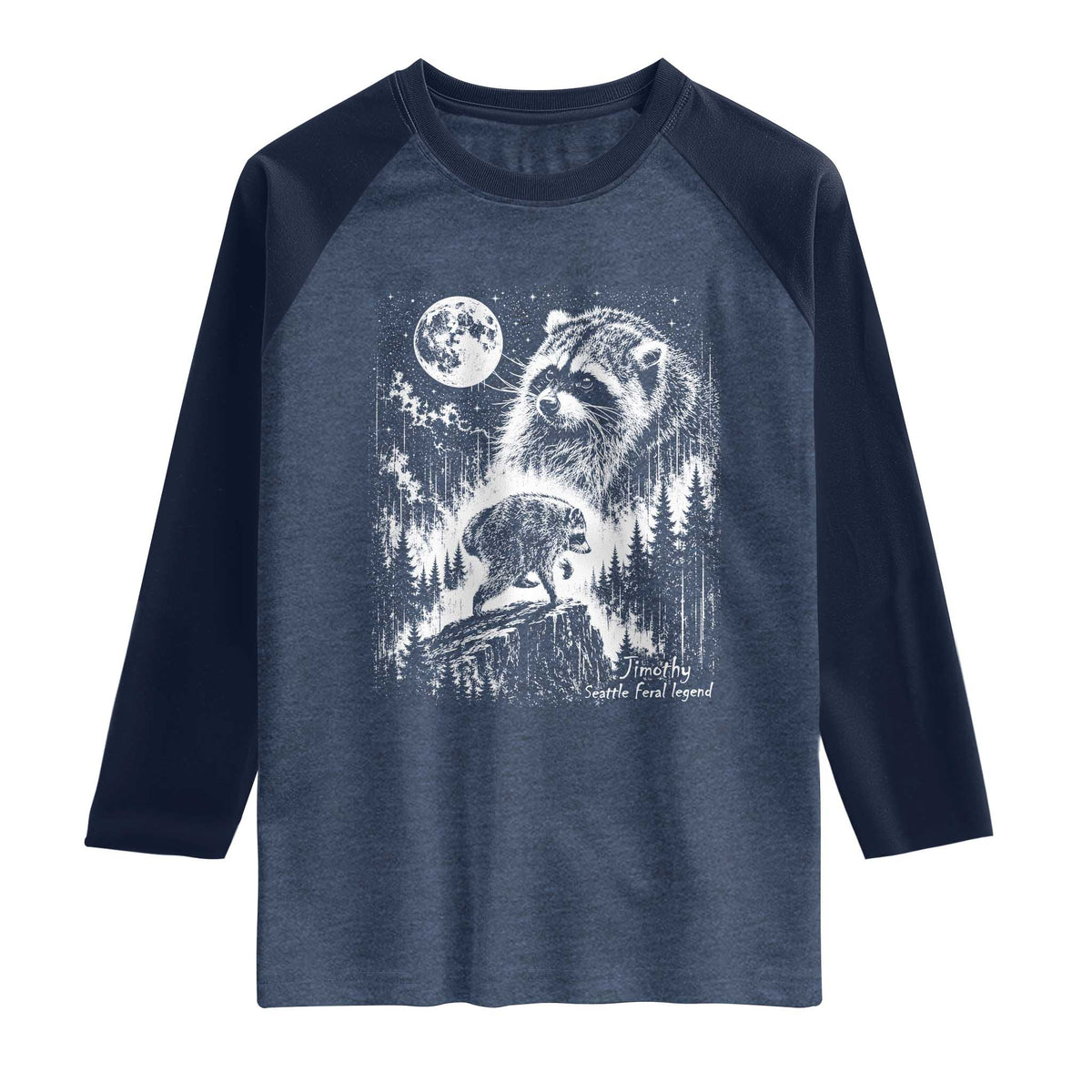Jimothy Three Raccoon Moon Parody Wildlife Graphic Raglan Shirt Vintage Seattle Feral Legend Trash Panda Meme