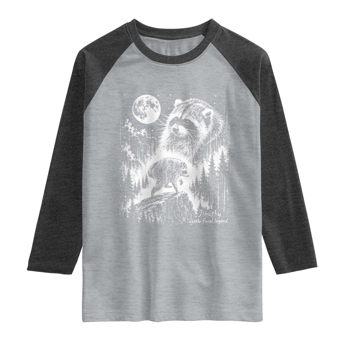 Jimothy Three Raccoon Moon Parody Wildlife Graphic Raglan Shirt Vintage Seattle Feral Legend Trash Panda Meme