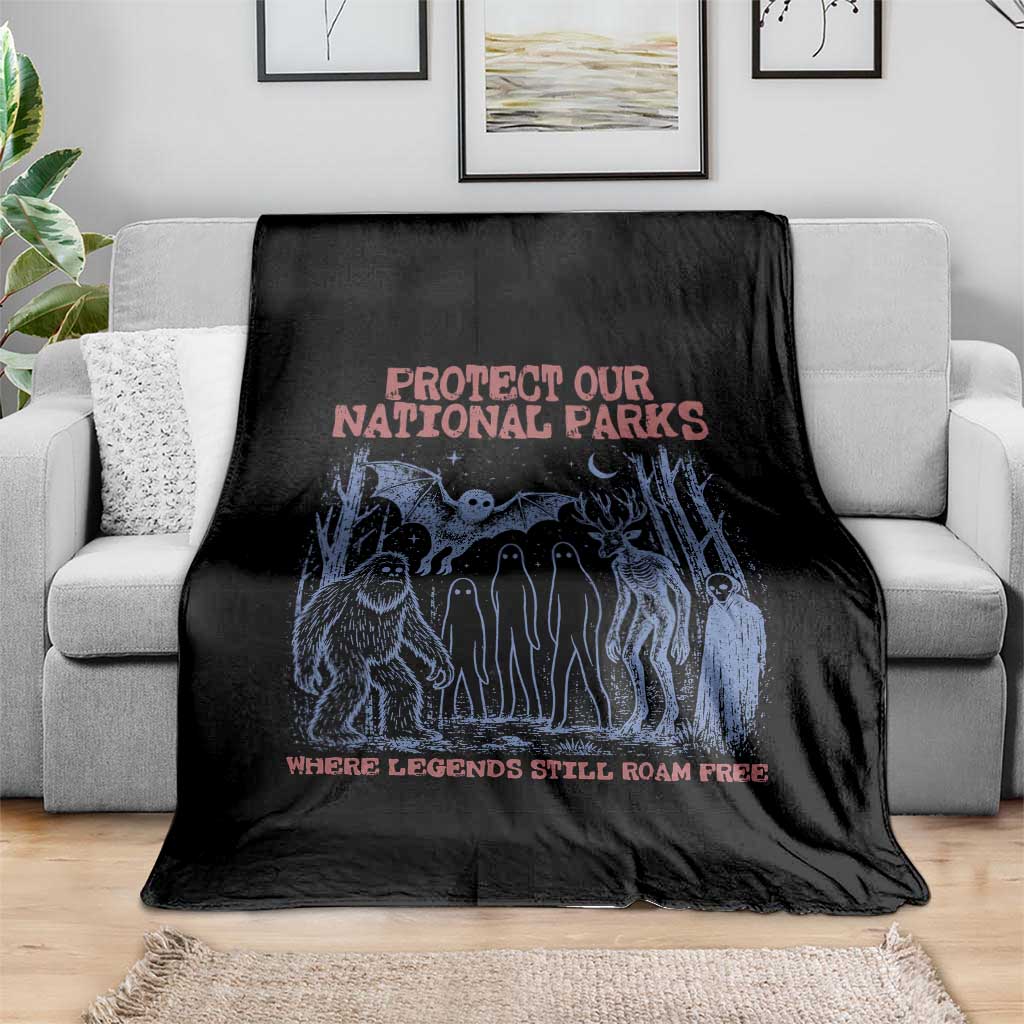 Protect Our National Parks Funny Cryptid Society Vintage Graphic Throw Blanket Bigfoot Mothman Wendigo Where Legends Still Roam Free