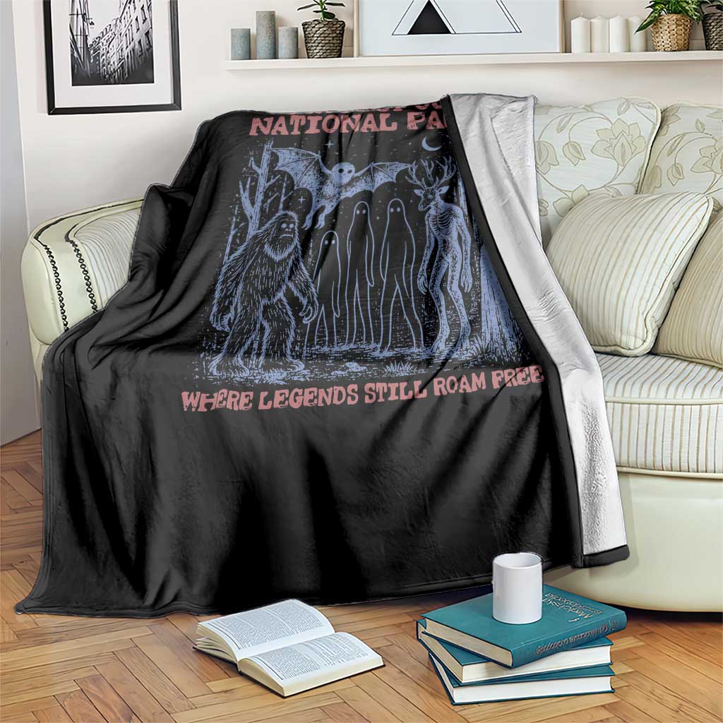 Protect Our National Parks Funny Cryptid Society Vintage Graphic Throw Blanket Bigfoot Mothman Wendigo Where Legends Still Roam Free