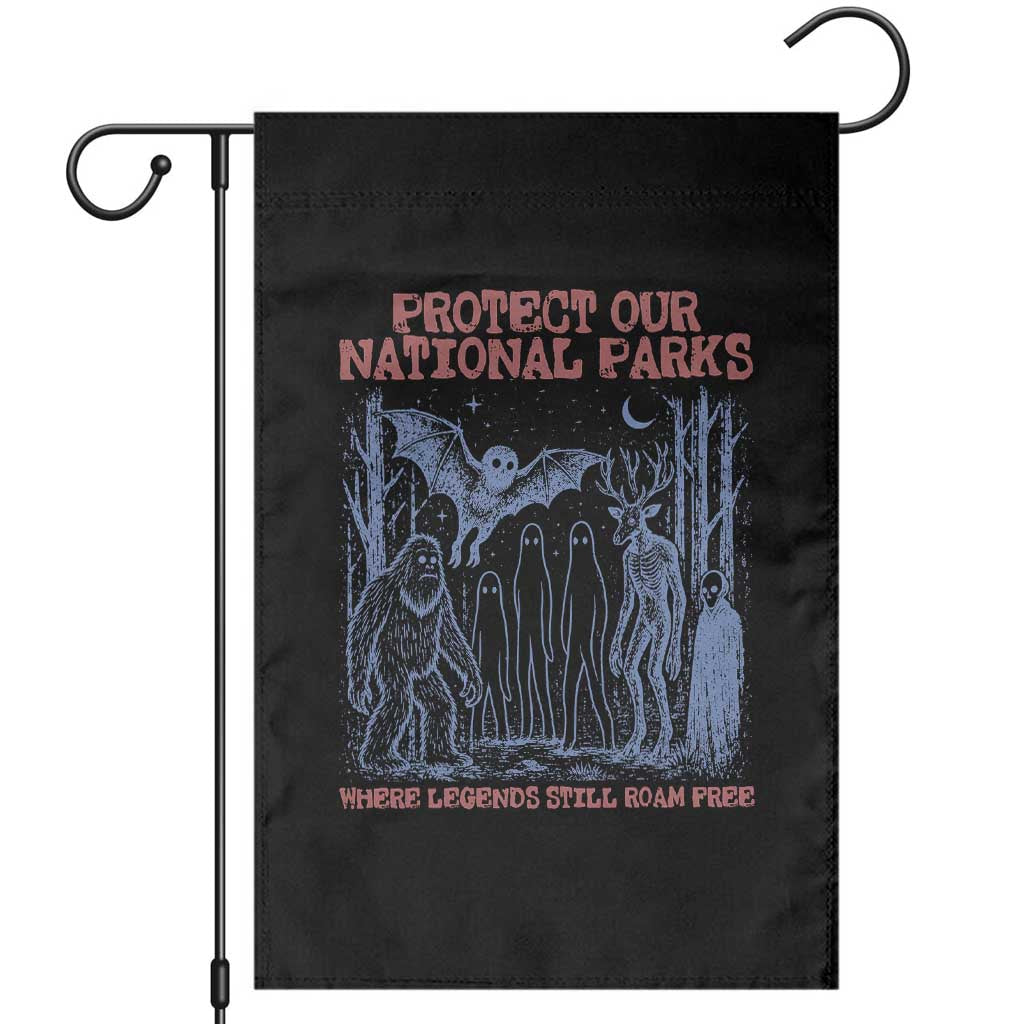 Protect Our National Parks Funny Cryptid Society Vintage Graphic Garden Flag Bigfoot Mothman Wendigo Where Legends Still Roam Free
