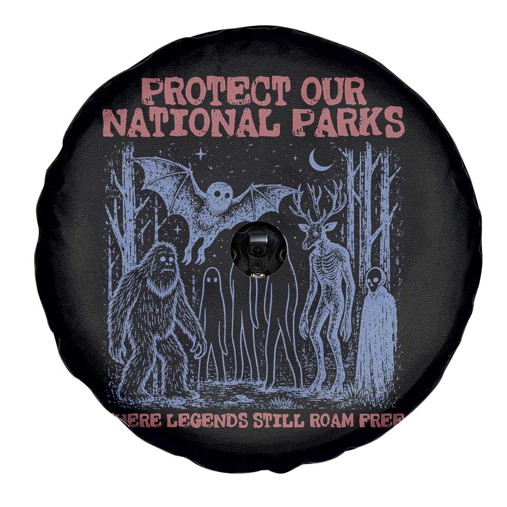 Protect Our National Parks Funny Cryptid Society Vintage Graphic Spare Tire Cover Bigfoot Mothman Wendigo Where Legends Still Roam Free
