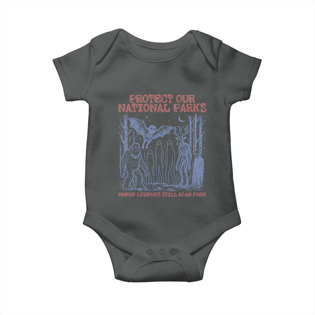 Protect Our National Parks Funny Cryptid Society Vintage Graphic Baby Onesie Bigfoot Mothman Wendigo Where Legends Still Roam Free