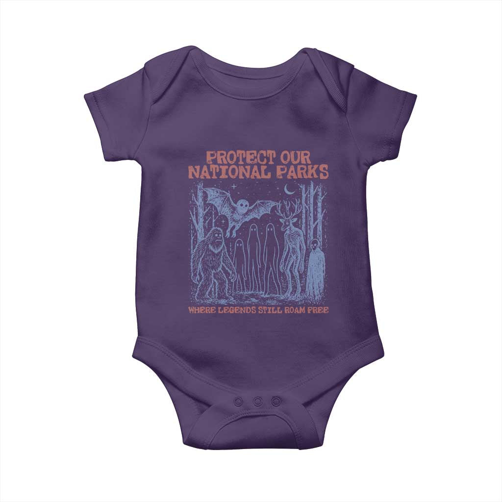 Protect Our National Parks Funny Cryptid Society Vintage Graphic Baby Onesie Bigfoot Mothman Wendigo Where Legends Still Roam Free