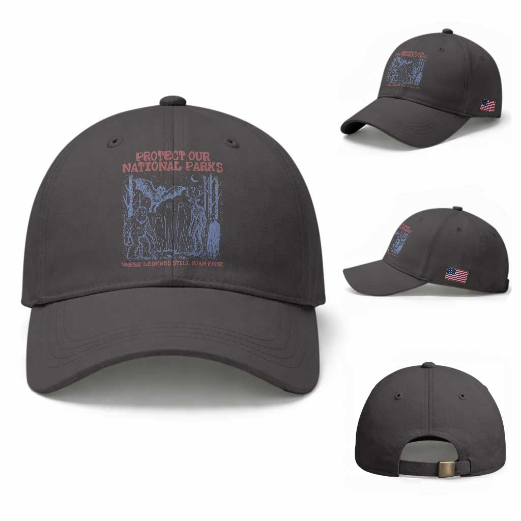 Protect Our National Parks Funny Cryptid Society Vintage Graphic Baseball Cap Bigfoot Mothman Wendigo Where Legends Still Roam Free