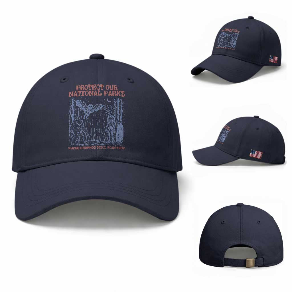 Protect Our National Parks Funny Cryptid Society Vintage Graphic Baseball Cap Bigfoot Mothman Wendigo Where Legends Still Roam Free